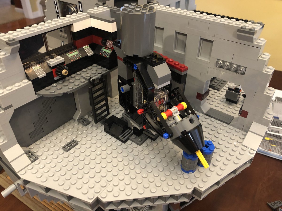 A very large drum goes on top, and then the (sagging) assembly goes on the rotating plate on our top floor. Should be fairly obvious what this is...  #LEGO  