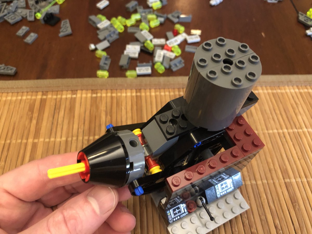 A very large drum goes on top, and then the (sagging) assembly goes on the rotating plate on our top floor. Should be fairly obvious what this is...  #LEGO  