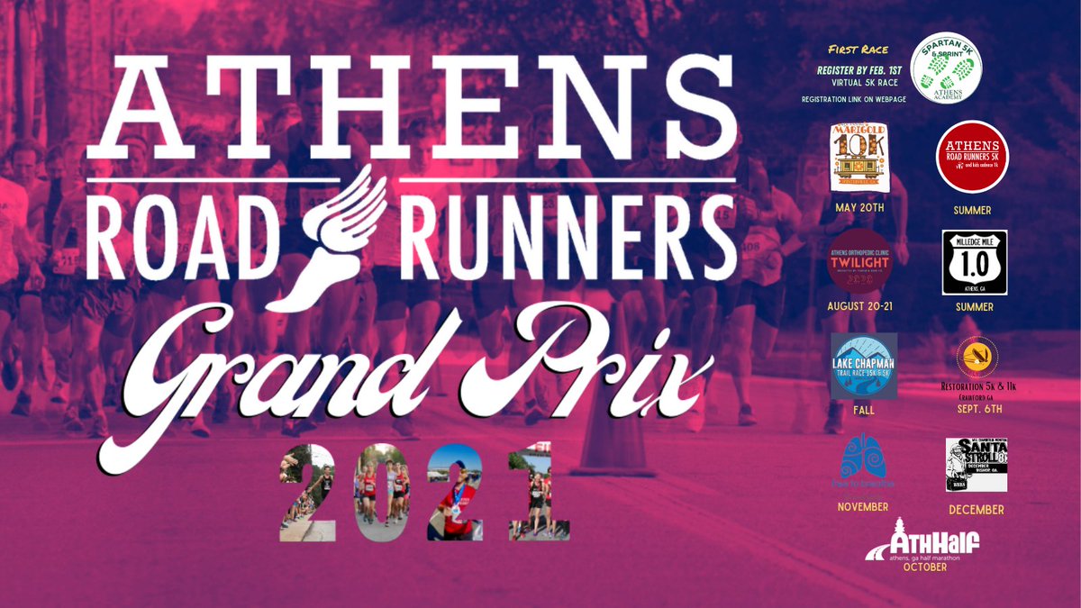 The 2021 Grand Prix has been announced! Checkout our website for more details, and sign up for the first race (Spartan virtual 5k) before February 1st! athensroadrunners.org/race/2019-athe…