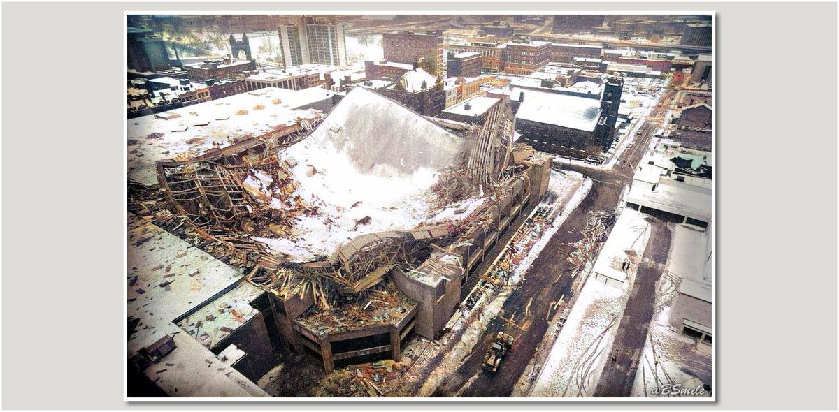 Today In 1978: Heavy snow causes The Hartford Civic Center roof to collapse just six hours after a #UConn vs. #UMass basketball game. The Civic Center also served as home of the WHA New England #Whalers hockey team. #OTD #Winter #History