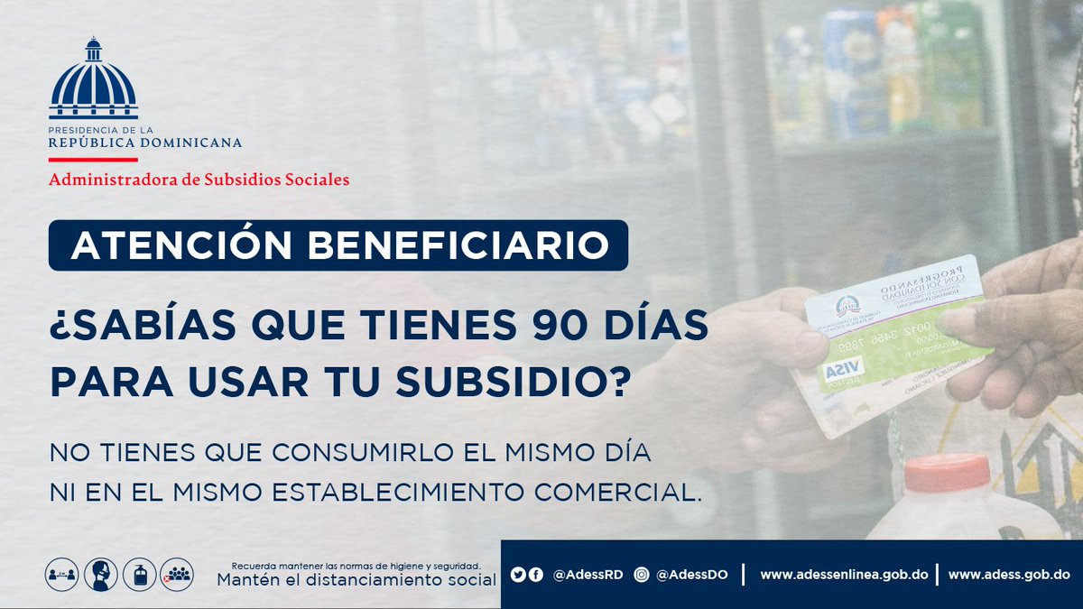 ¿Sabías que tienes 90 días para usar tus subsidios?
No tienes que consumirlo el mismo día ni en el mismo establecimiento comercial.
#sabíasqueadess