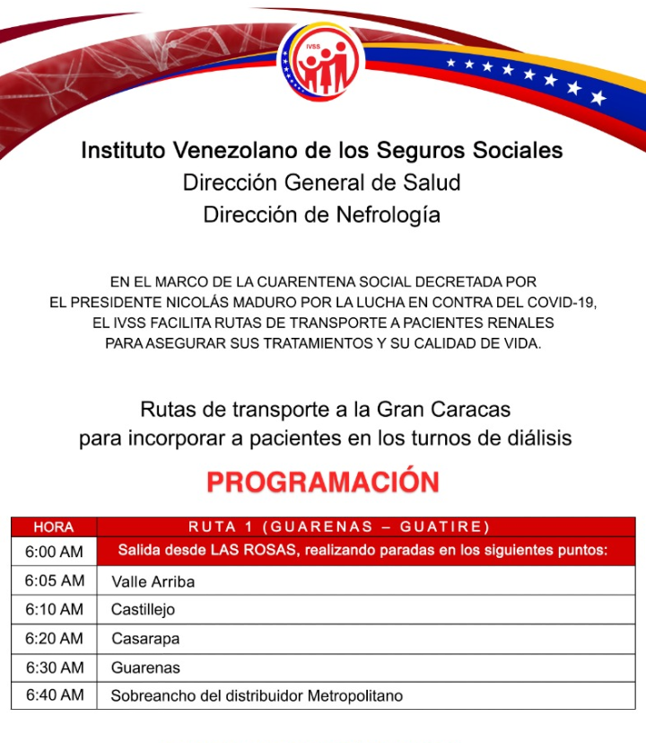 #informacion A los #Pacientes renales de la #GranCaracas a través del <a href="/ivssoficial/">.</a>
 se continúa prestando servicio de rutas transporte para facilitar traslado a los centros de #Diálisis Recuerda cumple con las medidas de bioseguridad por tu salud y las de los demás.