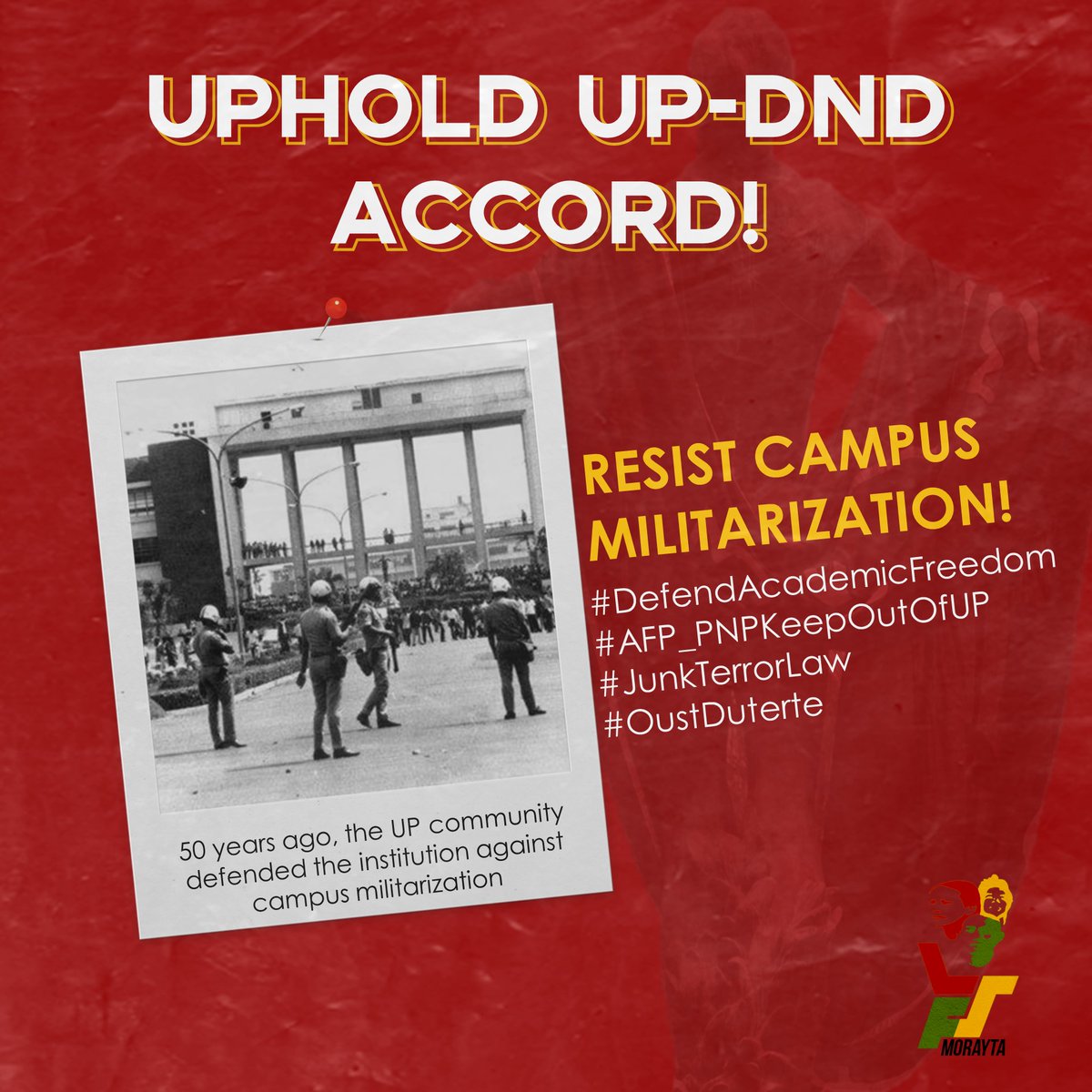 Lubos na kinukundena ng League of Filipino Students - Morayta ang pagsasawalang-bisa ng
UP-DND Accord!

#AFP_PNPKeepOutOfUP
#DefendAcademicFreedom
#NoToCampusMilitarization
#JunkTerrorLaw
#OUSTDUTERTENOW

Basahin ang buong pahayag: m.facebook.com/story.php?stor…