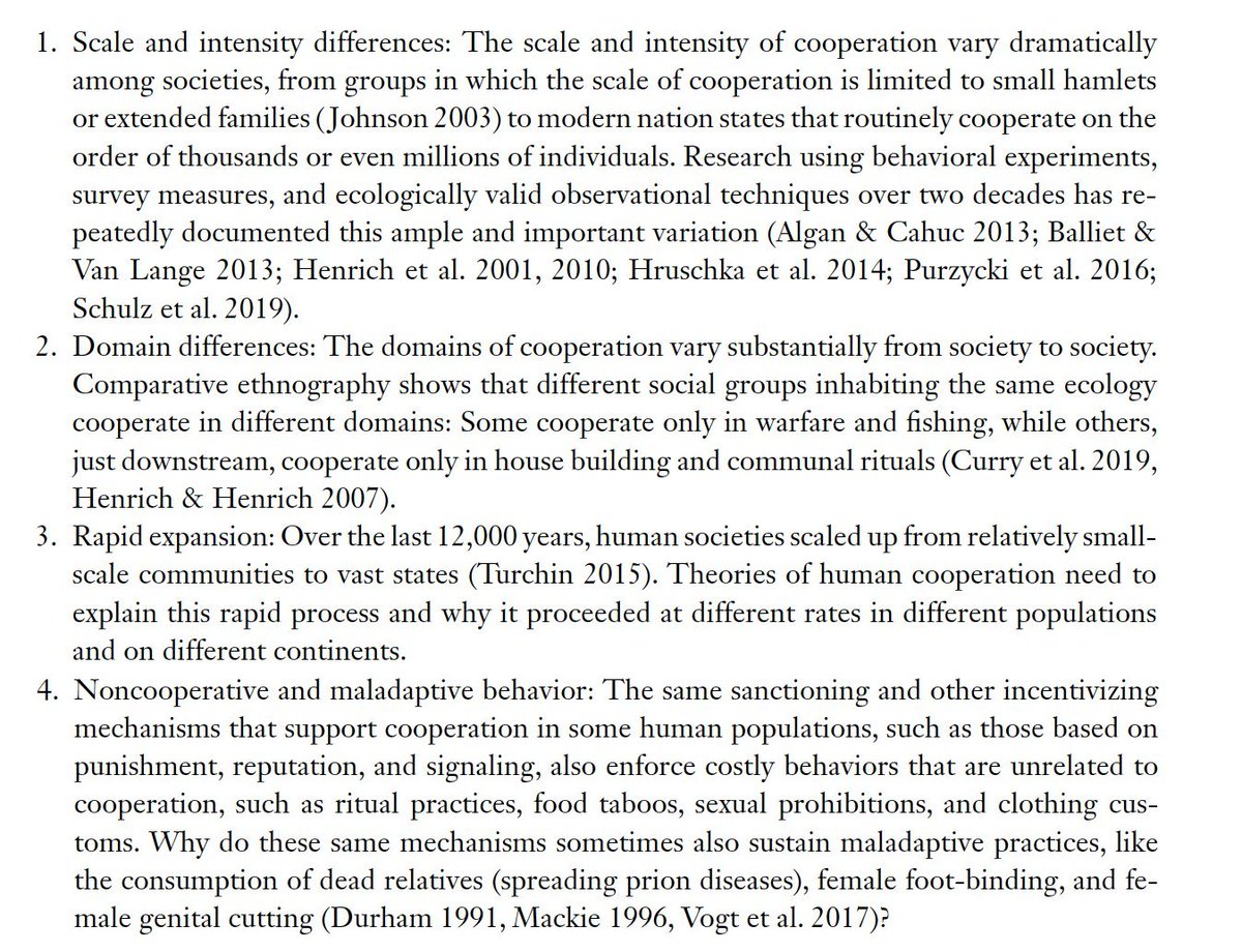 A more complete explanation needs to explain scale, intensity, and domain differences between societies-people cooperate on different things to different degrees. Need to explain the scaling up in the last 12k years. And that many mechanisms can support maladaptive behav. 4/