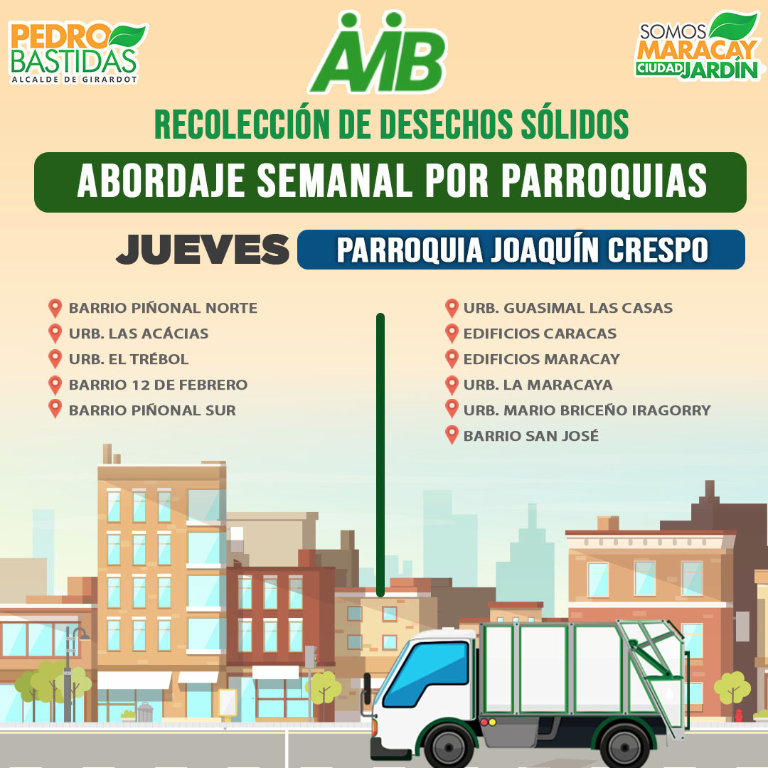 El Plan de Recolección por parroquia ya arrancó

Vecin@ con tu apoyo y tú responsabilidad ciudadana vamos a fortalecer el sistema de recolección de nuestro municipio.

Ubica el día que corresponde tu parroquia.🗣️🚛

En el #2021 seguimos trabajando por #LaCiudadQueQueremos