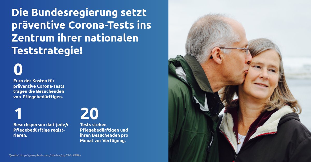 Die Teststrategie des <a href="/BMG_Bund/">Bundesgesundheitsministerium</a> sieht vor, nicht nur Personen mit #Corona-Symptomen, sondern auch Pflegebedürftigen, deren Besuchern und dem medizinischen Personal kostenlos #Coronatests zur Verfügung zu stellen. buff.ly/3qmyRrR
