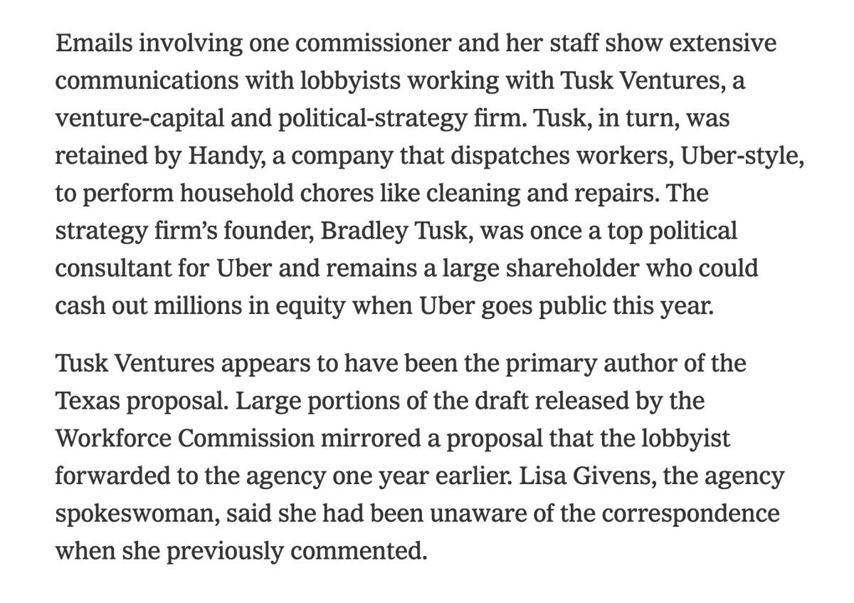 17) Not only are Tusk campaign leads of  #YangForNY in bed w/ bad people, they aren't just a PR/strategy firm. They are a venture capital firm.When they are involved with a campaign, it's not just to win, it's to bolster their investments in harming NYC https://www.nytimes.com/2019/03/26/business/economy/gig-economy-lobbying.html