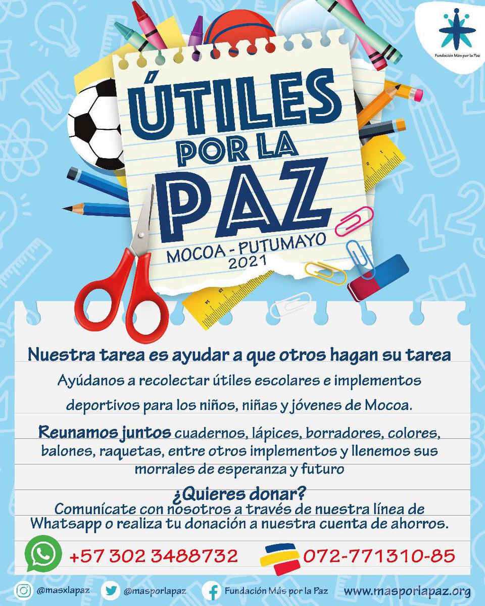 Masporlapaz's tweet photo. 🤞🏼Ayúdanos a ayudar 🙏🏼
Desde hoy y hasta finales de febrero vamos a realizar esta linda campaña de recolección de útiles escolares e implementos deportivos para unas personitas muy especiales en Mocoa. Para más información nuestro WhatsApp está habilitado 📲 +57 302 348 8732 https://t.co/xSD0i3j5L2