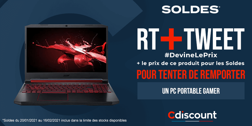 Cdiscount's tweet photo. #Concours 🎁

❓ Le prix de ce PC portable gamer Acer Nitro va baisser pour les soldes le 20/01 ➡ https://t.co/rj71Blvj11
Saurez-vous trouver son prix ? 

Pour tenter de le remporter : 
🔸 RT avec #DevineLePrix + le prix pour les soldes
🔸 Follow @Cdiscount

🍀 TAS le 20/01 https://t.co/avkW7zQPAi