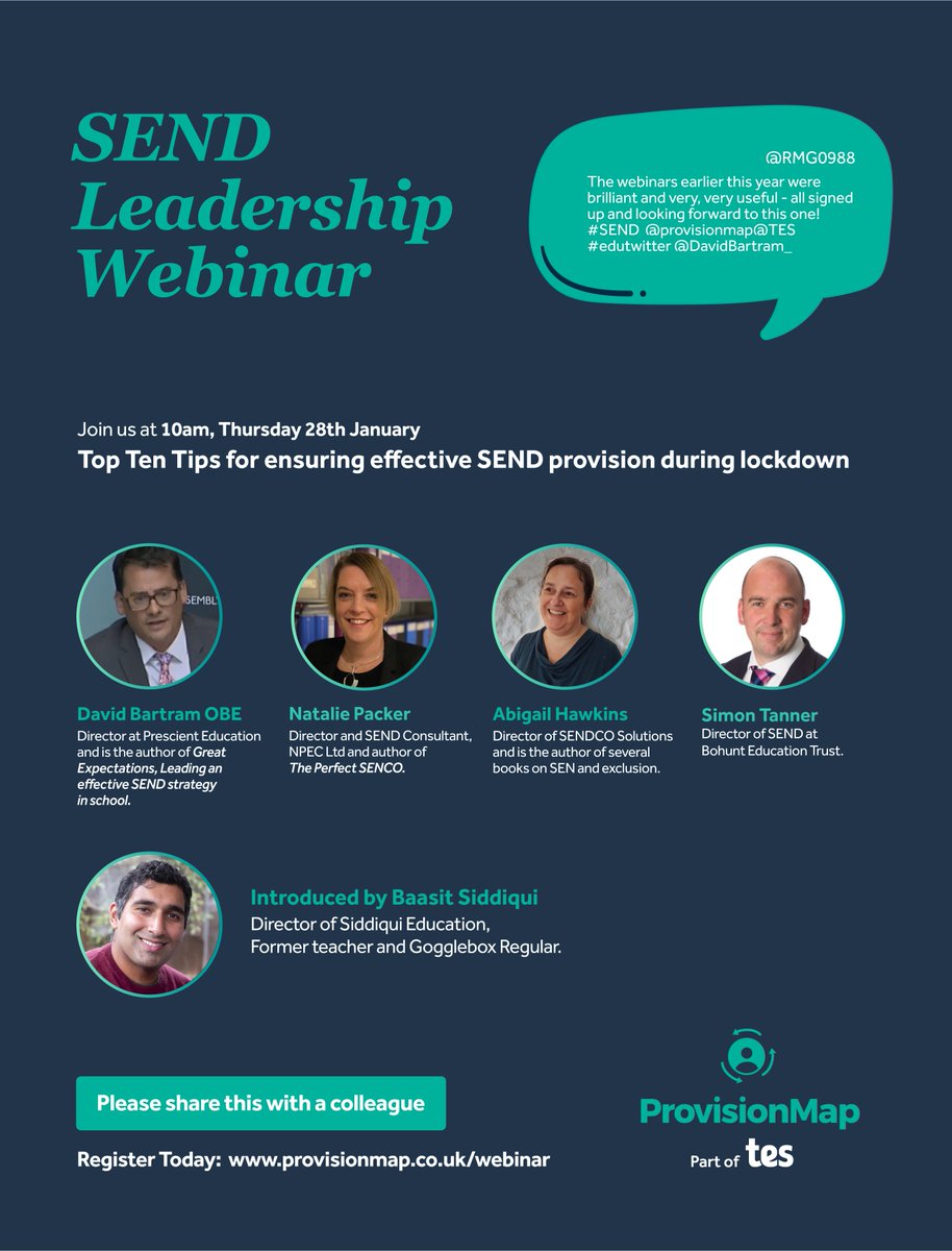 Provision Map (@provisionmap) on Twitter photo Another FREE SEND Leadership Webinar? Why not?
January 28th, 10am. With <a href="/DavidBartram_/">David Bartram</a> <a href="/NataliePacker/">Natalie Packer</a> <a href="/simontanner_SEN/">Simon Tanner</a> <a href="/SendcoSolutions/">Abigail Hawkins (FCCT)</a> and <a href="/SiddiquiEdu/">Baasit Siddiqui - Siddiqui Education Ltd</a>
Details on the picture how to book your seat.
Recording only available to registrations. Another FREE SEND Leadership Webinar? Why not?
January 28th, 10am. With <a href="/DavidBartram_/">David Bartram</a> <a href="/NataliePacker/">Natalie Packer</a> <a href="/simontanner_SEN/">Simon Tanner</a> <a href="/SendcoSolutions/">Abigail Hawkins (FCCT)</a> and <a href="/SiddiquiEdu/">Baasit Siddiqui - Siddiqui Education Ltd</a>
Details on the picture how to book your seat.
Recording only available to registrations.