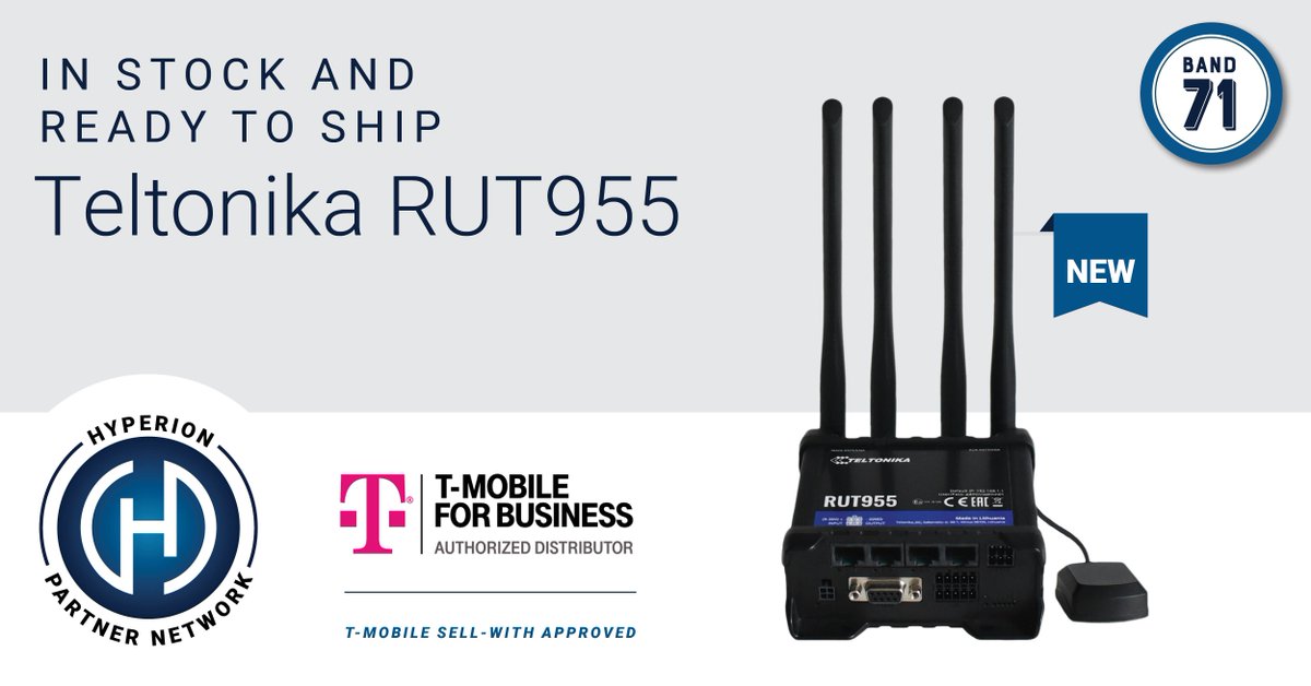 Hyperion_Prt's tweet photo. With Band 71 connectivity, dual SIM, multiple ports and more, our @TMobileBusiness Sell-With approved Teltonika RUT955 LTE routers are in-stock and ready-to-ship.
Contact your Hyperion sales director today.
#Hyperion #TMobile #SellWith #LTERouter #LTEFailover https://t.co/5CZtdDd46s