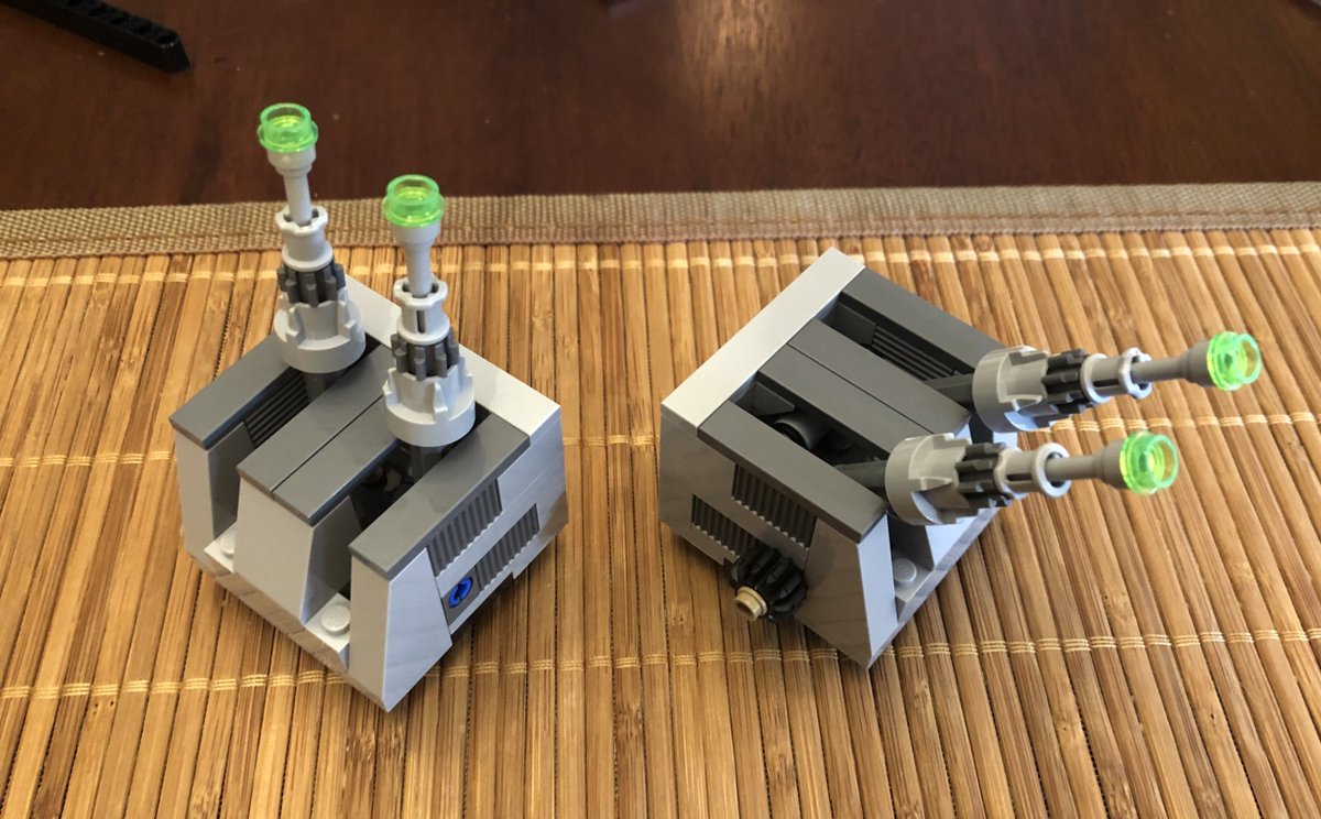 A few more steps and you can see we have a pair of turbo laser turrets! Attach them on the bases. They independently rotate and can be raised and lowered by the bears.  #LEGO  