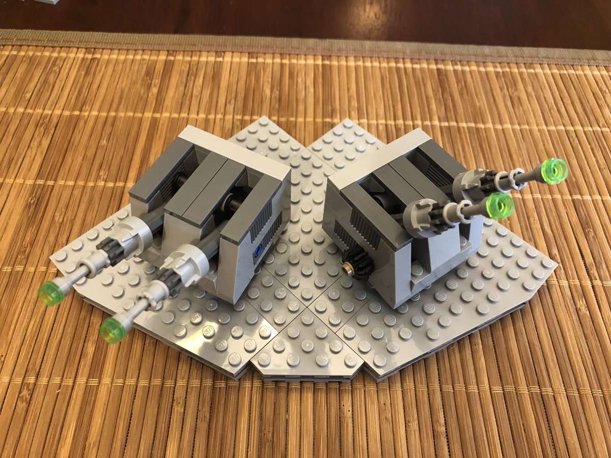 A few more steps and you can see we have a pair of turbo laser turrets! Attach them on the bases. They independently rotate and can be raised and lowered by the bears.  #LEGO  