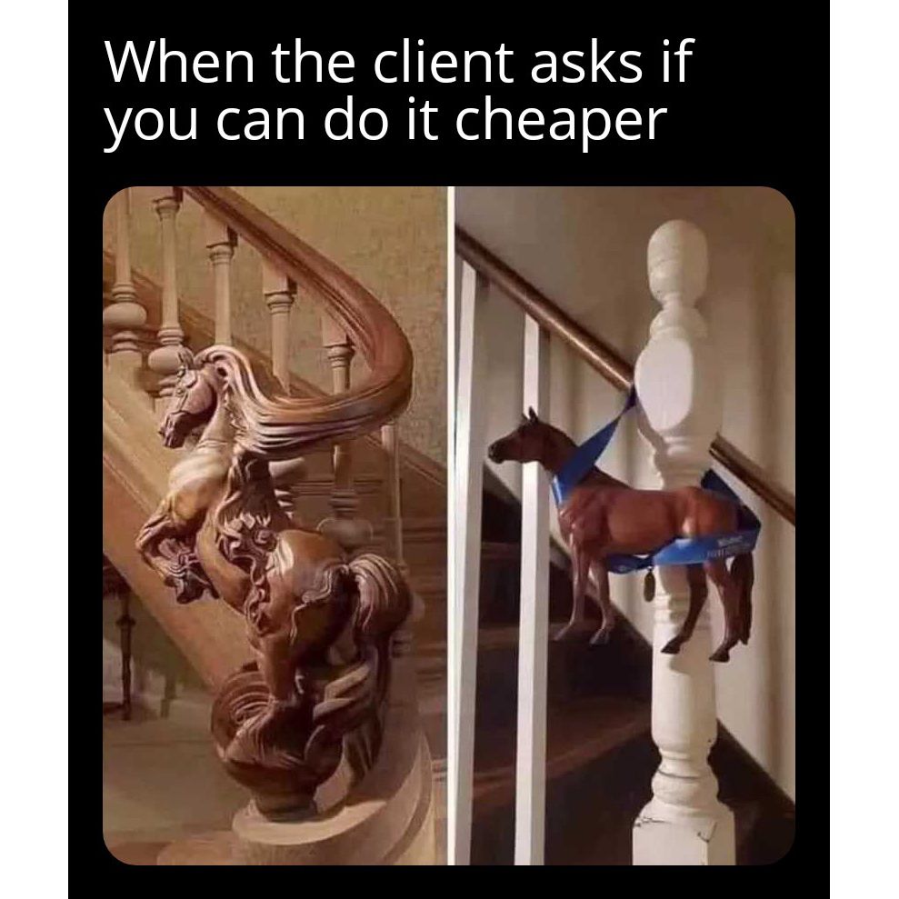 MemeGZomboDroid's tweet photo. Sure, I can make it much cheaper and much uglier if you want to. #clients #makeitcheaper #designerlife https://t.co/DXpH9sbr4h
