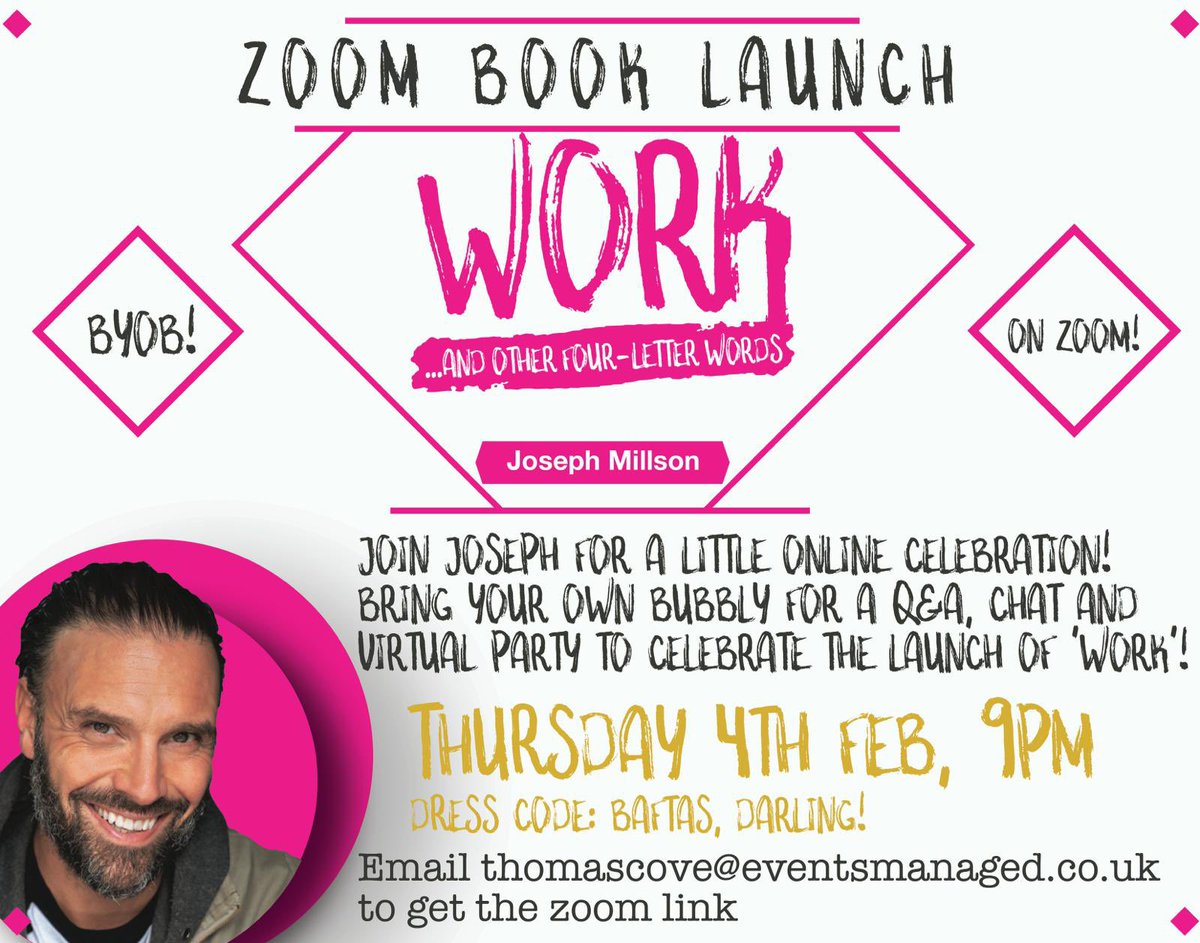 WorkAndOther4's tweet photo. 🎉 BOOK LAUNCH! 🎉

We are very excited to announce that we’ll be having a little online get together for the release of WORK on Feb 4th!

Join @josephmillson and bring your own bubbly for a nice little celebration! 😍

Email thomascove@eventsmanaged.co.uk for the zoom link! 👍 https://t.co/65rXLjVdoZ