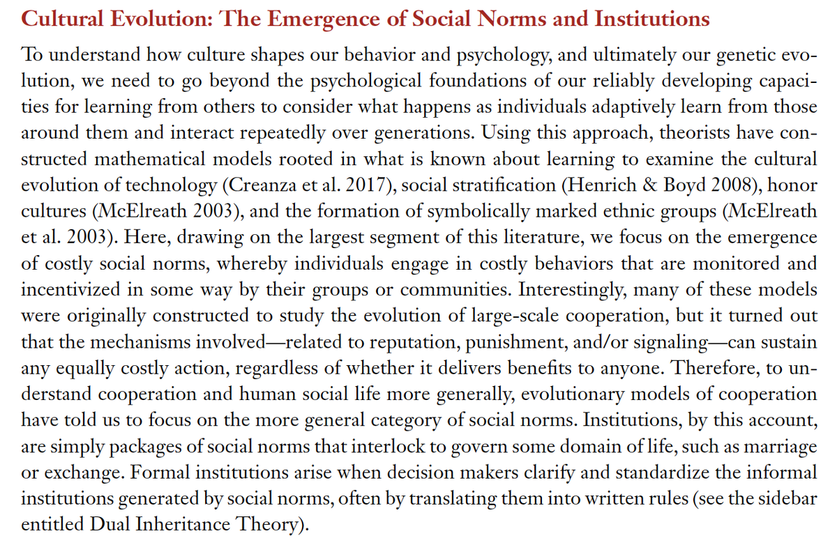 Social norms and institutions - their origins and evolution is key to explaining the 4 features / puzzles of human cooperation mentioned before. 7/