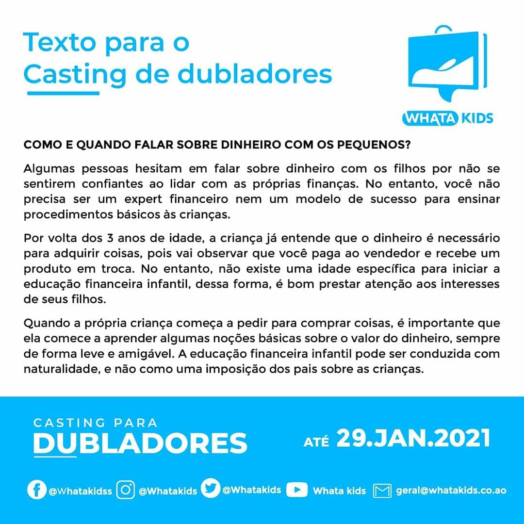 whatakids's tweet photo. Trabalho  PART-TIME

Aceitamos candidaturas de adultos e crianças com idade superior aos 10 anos.

As vozes servirão para dar vida a alguns dos personagens do nosso desenho animado sobre educação financeira para crianças.

https://t.co/HcY1zLAX3h

#whatakids #whatacompany #ods4 https://t.co/lQKVRiCbCo