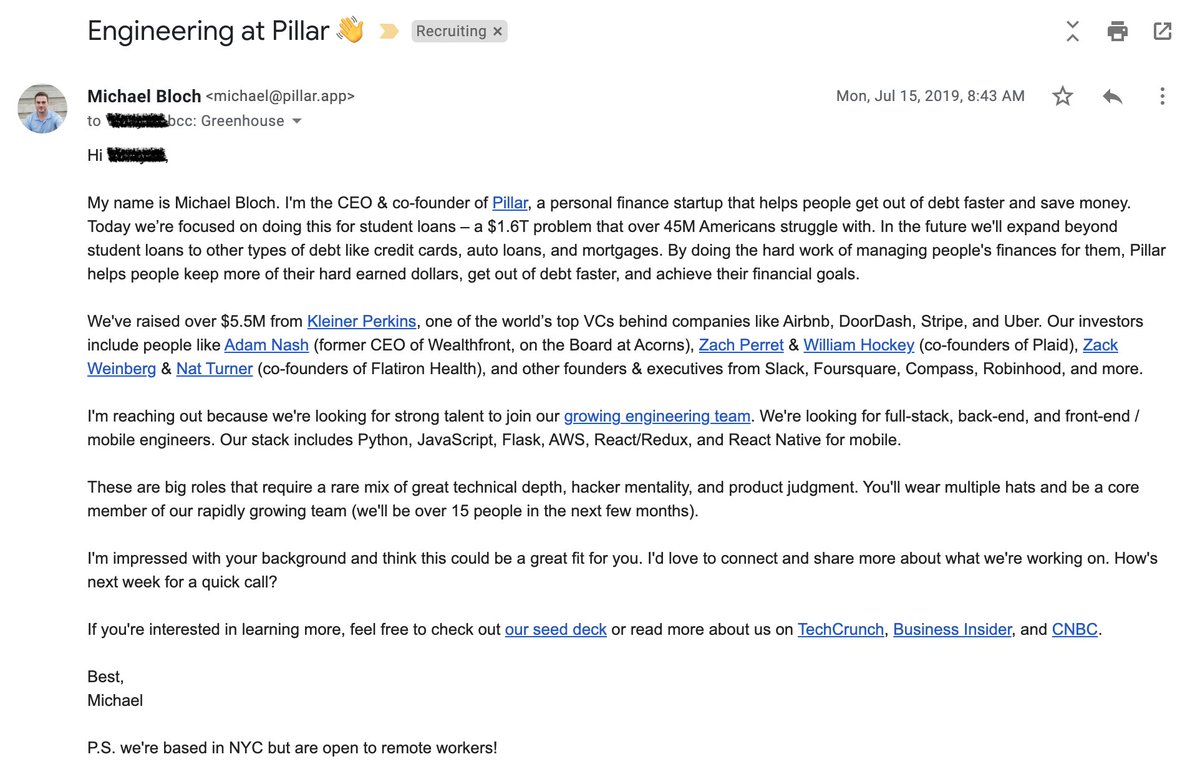 1. STAND OUT FROM THE CROWDThe best people get pitched all the time on new opportunities. Engineers in particular can get 3-5 pitches EVERY DAY. What makes your company special? Why should they pay attention to you?Here's the email that I sent out. I broke it into three parts