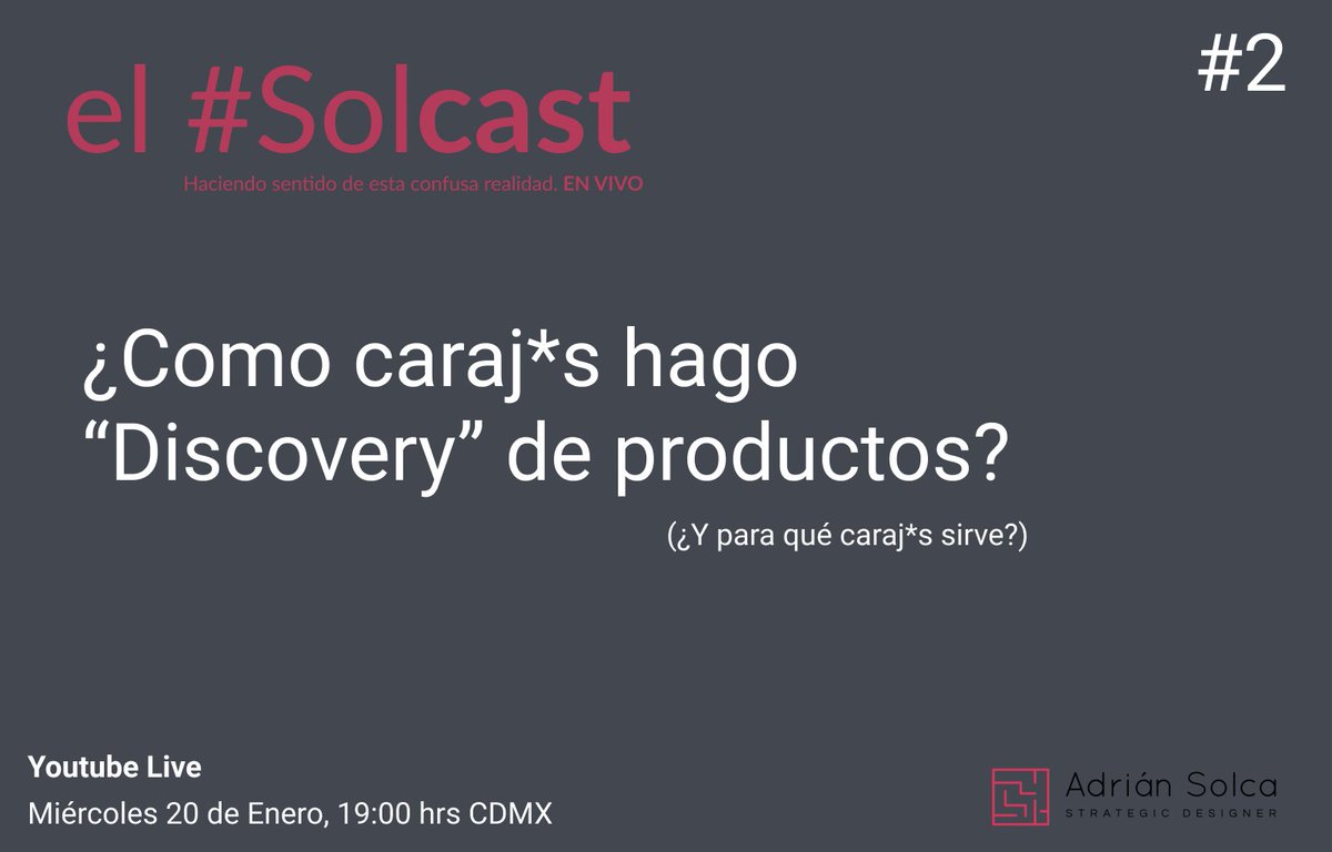 AdrianSolca's tweet photo. Nos vemos el próximo miércoles para hablar del proceso de Discovery en el #Solcast
Cómo ya voy agarrando un poco la onda a este tema del streaming habrá tiempo de preguntas! También contestaré dudas sobre el tema de la semana pasada.
Ahí los veo!
https://t.co/A6JrJH9Aq7 https://t.co/tAk4uwtG3A