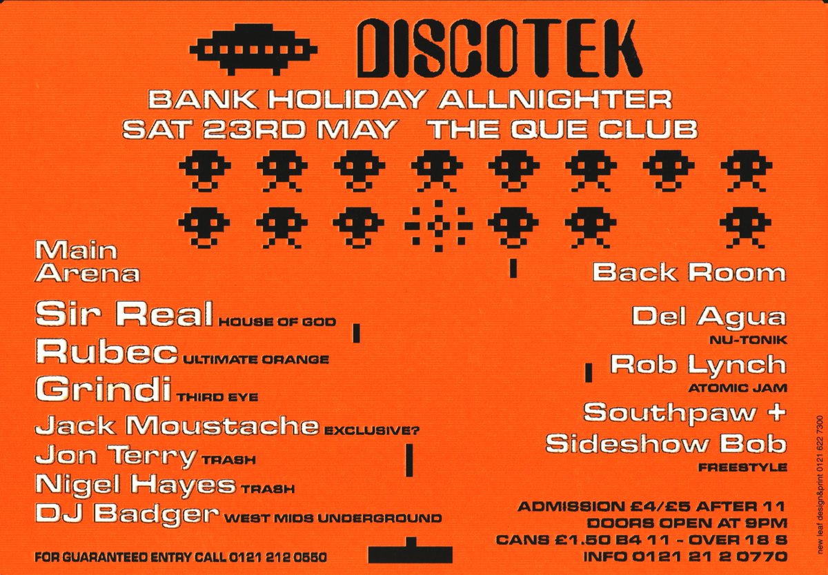 intheque1's tweet photo. How good does a Bank Holiday Allnighter sound about now? From May 1998, Discotek flyer from our archive.

#QueClub #Birmingham 
#Techno #UltimateOrange #HouseOfGod #ThirdEye #Atomic Jam #Birmingham
@jezc 
@brummusicpics 

credit: Az Jasat/Ultimate Orange https://t.co/VJ2jAuqBMl