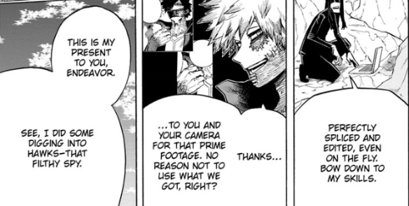 Endeavor's treatment of his family is abhorred. Nobody thinks what he did is okay or excuses his actions, but the two are NOT. MORALLY. EQUIVALENT. Dabi is somebody who admits to murdering 30+ people in cold blood. He let a comrade get killed all to further his own goals.