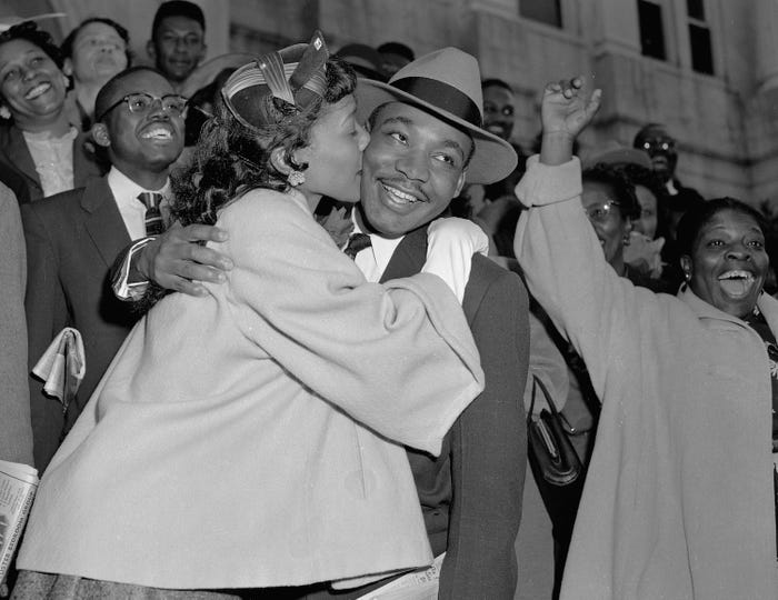  #MLK   and his wife, Coretta Scott King, on March 22, 1956, after King was released from a Montgomery jail. Photo credit: AP.  #MLKDay    #MLKDay2021  