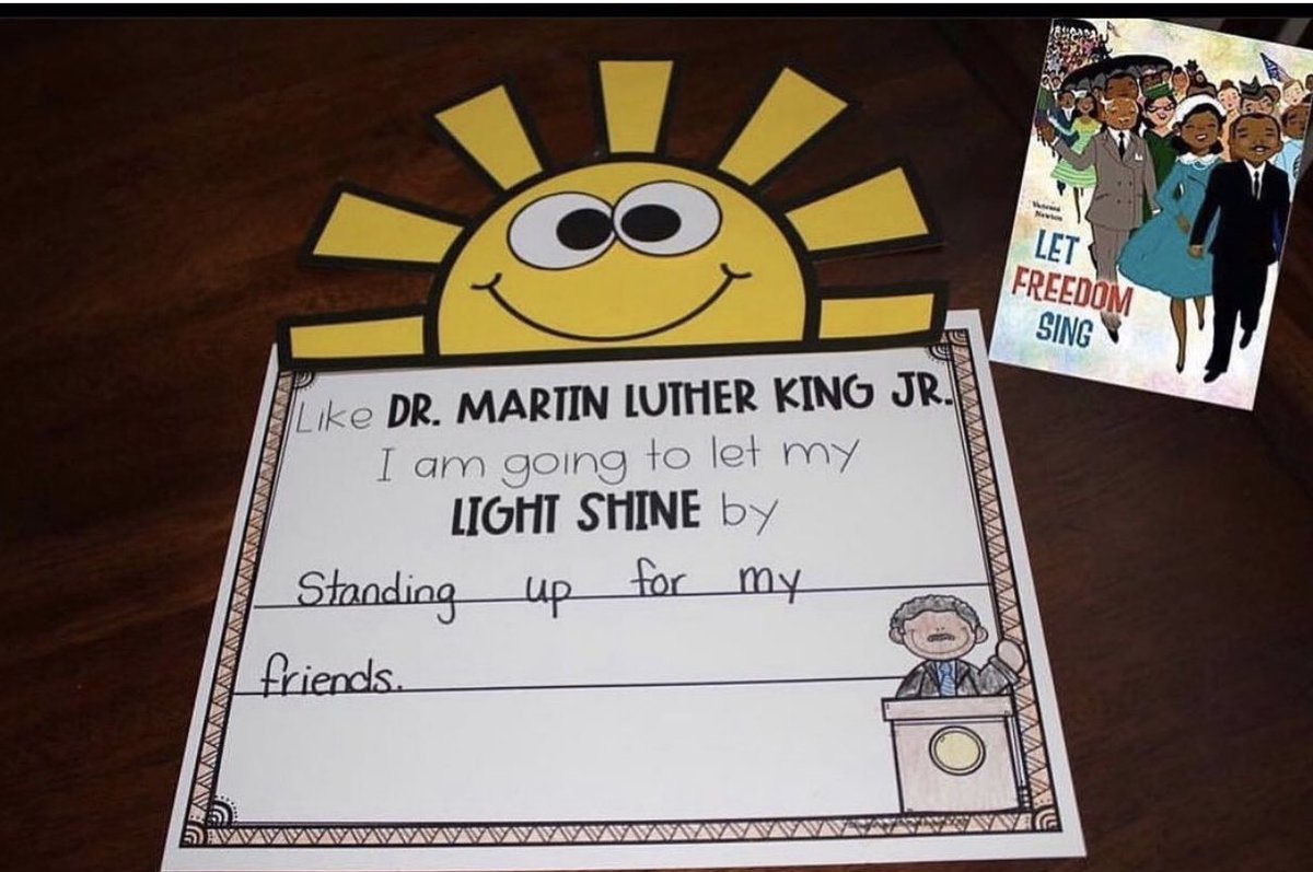 tara_miozzi's tweet photo. Kindergarten Ss have been busy learning about Dr. Martin Luther King Jr. On Friday, we read the book, “Let Freedom Sing”. I loved listening to Ss discuss and write about the ways that they will let their light shine in the future! ☀️#woschool #wearechappaqua https://t.co/yhJvivXlW9
