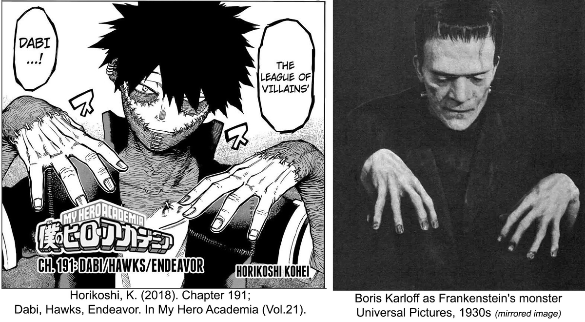 That's enough of the moral argument, however. Narratively, Dabi DOES NOT WANT TO BE REDEEMED, OR TO ATONE. As I'm sure some of you have seen, Dabi takes heavy influence from Frankensteins monster. Dabis goal will forever be to destroy the 'monsters' that created him.