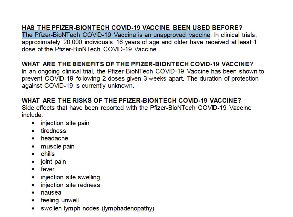 1/ Thread: Welcome to the Human Experiment.ATTENTION: This Pfizer document states it clearly... 1) "The Pfizer-BioNTech COVID-19 Vaccine is an unapproved vaccine." 2) "There is no U.S. Food and Drug Administration (FDA) approved vaccine to prevent COVID-19.