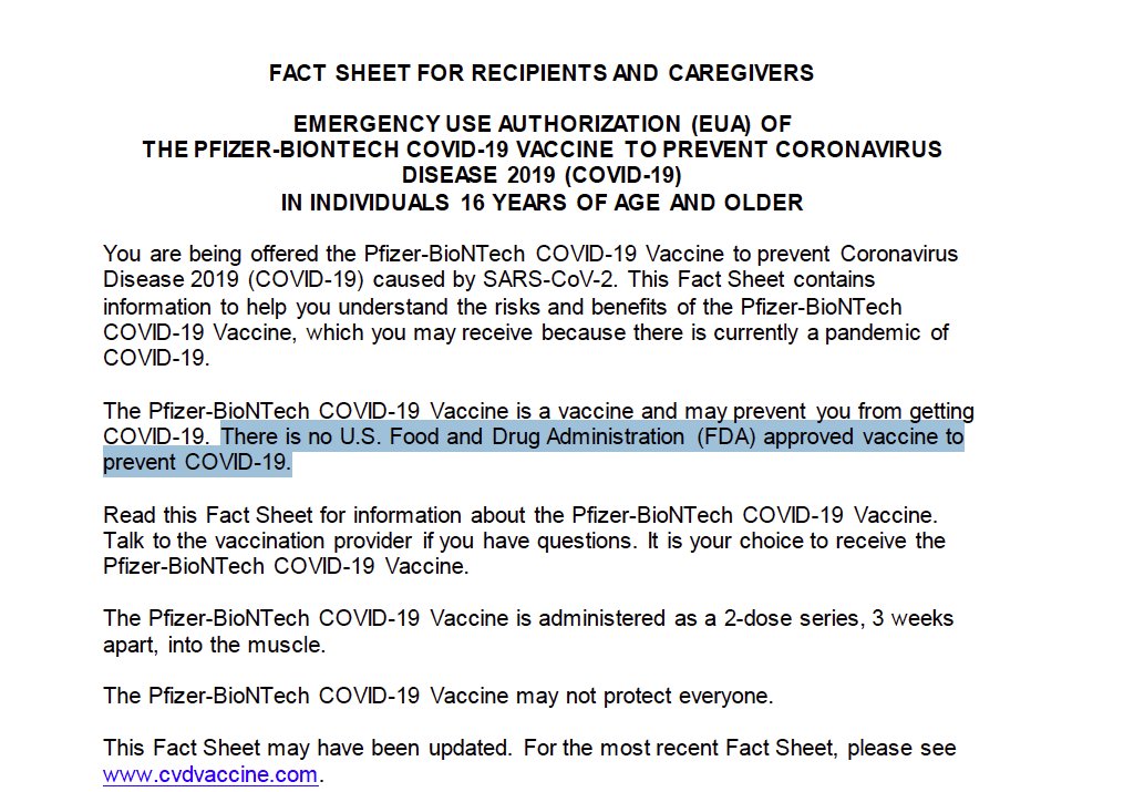 1/ Thread: Welcome to the Human Experiment.ATTENTION: This Pfizer document states it clearly... 1) "The Pfizer-BioNTech COVID-19 Vaccine is an unapproved vaccine." 2) "There is no U.S. Food and Drug Administration (FDA) approved vaccine to prevent COVID-19.