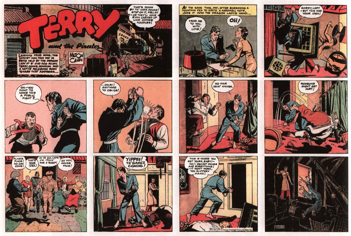 The similarities between Terry and the X-Men are numerous. First and foremost, the strip told a very long continuous story. Though Caniff would leave over creator’s rights after a decade on the strip, it would continue into the 70s, telling one continuous narrative. 3/7