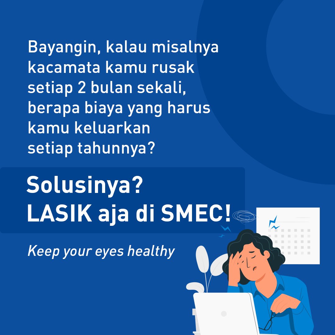 rsmatasmec's tweet photo. Bayangin deh, kalau misalnya setiap 2 bulan sekali kamu harus perbaiki lensa kacamata atau beli frame kacamata baru, berapa biaya yang harus kamu keluarkan setiap tahunnya? Bisa-bisa rencana kamu untuk membeli kebutuhan yang lain bakal tertunda.

Solusinya, LASIK aja di SMEC! https://t.co/tVr2aib2o9