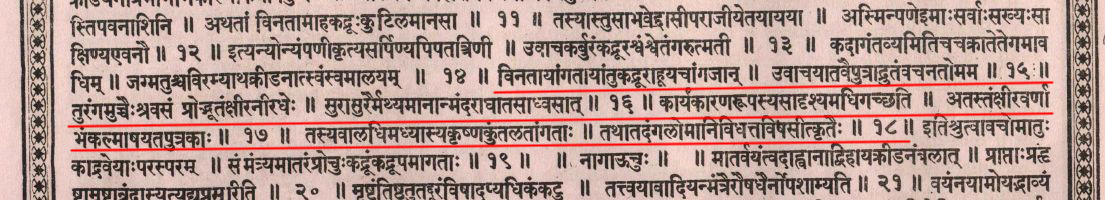 Kadru instructs her snake children to camouflage Surya's horse (especially its tail) in order to make it look discoloured. Thus Vinata loses the bet & is forced to serve under Kadru as a slave. (This is very popular story told to many of us during childhood) (15)