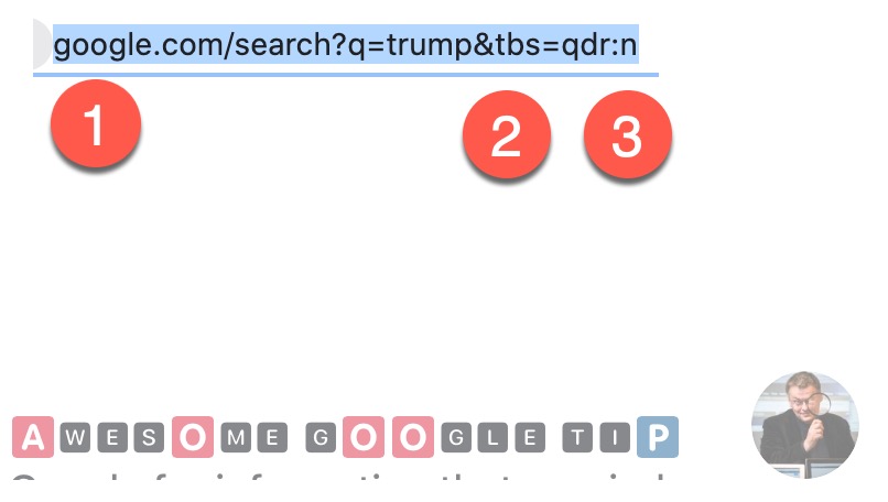 We can do the same for minutes. Part (1) is a Google search for Trump:  http://google.com/search?trump  again. Part (2) is a code to do something special, add any number of minutes. A single N is 1 minute, see part 3. Here is the full link:  https://www.google.com/search?q=trump&tbs=qdr:n (3/5)