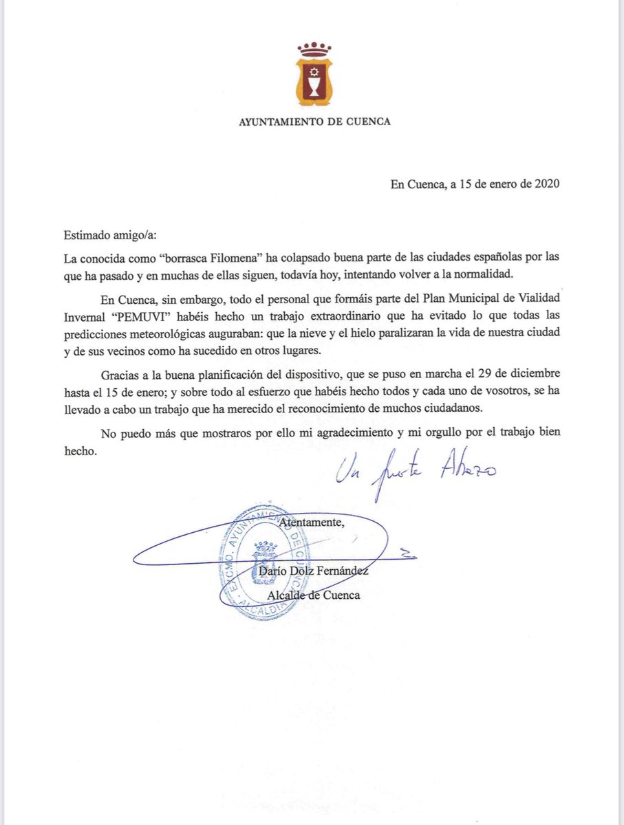 DarioDolz's tweet photo. Hoy he querido felicitar de manera formal a los trabajadores de las empresas y servicios municipales que forman parte del #PEMUVI por el excelente trabajo realizado frente a la borrasca Filomena. ¡Muchas gracias a todos! #Cuenca #Pemuvi #Filomena @AvisosCuenca https://t.co/ymnmSe1vCv