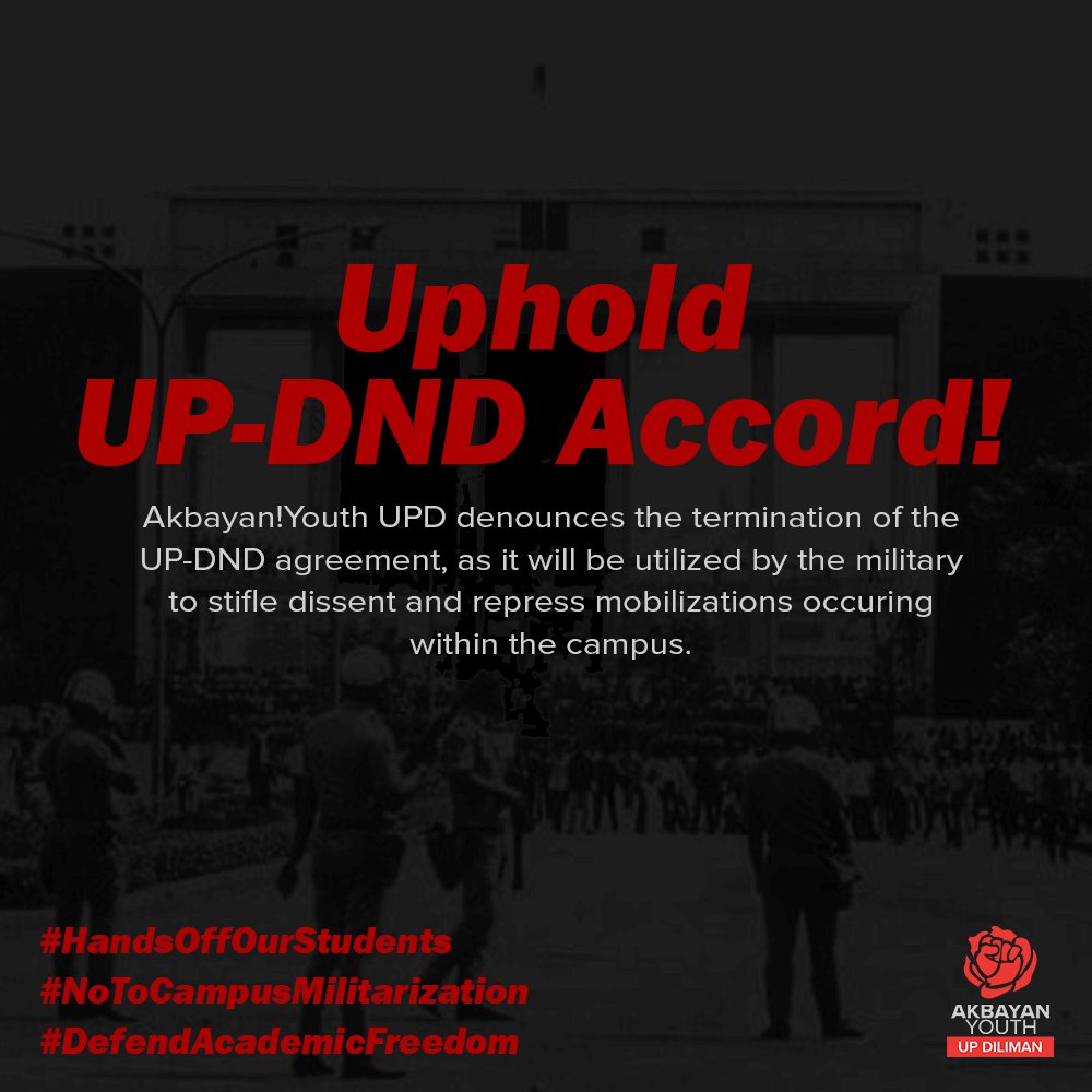 AY_UPD's tweet photo. Akbayan! Youth UPD denounces the termination of the UP-DND agreement, as it will be utilized by the military to stifle dissent and repress mobilizations occurring within the campus.

Read the full statement at https://t.co/AMsTkphfNd.

#HandsOffOurStudents
#DefendAcademicFreedom https://t.co/uMdD3Y3V2c