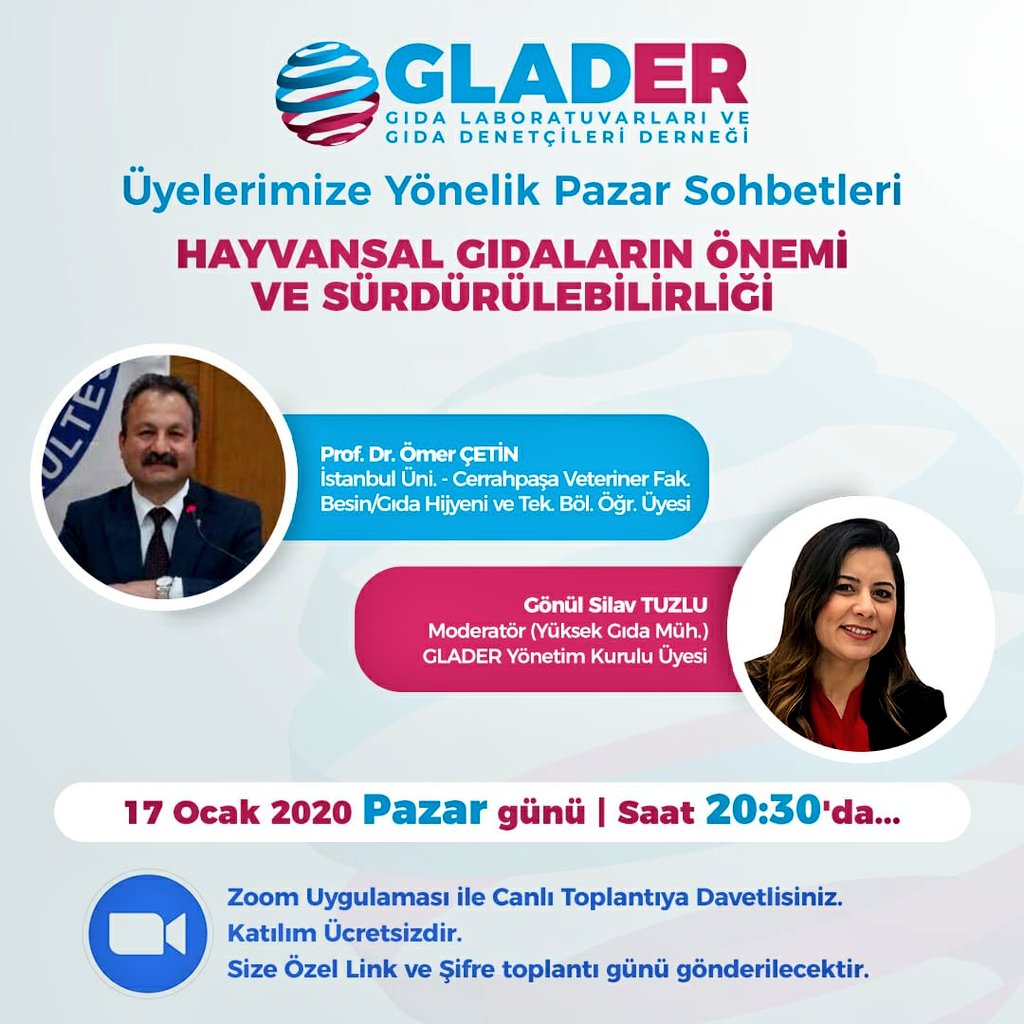 Online olarak #GLADER Yön. Krl. Üyesi <a href="/gonulslv/">Gönül Silav Tuzlu</a> Moderatörlüğünde üyelerimize yönelik; "HAYVANSAL GIDALARIN ÖNEMİ VE SÜRDÜREBİLİRLİĞİ" ile bu konudaki gelişmeleri anlatan ve tartışma sorularını cevaplandıran Sn. Prof. Dr. <a href="/Omcetin/">Prof. Dr. Ömer ÇETİN</a> Hocamıza <a href="/gidalabden/">GIDA LABORATUVARLARI VE GIDA DENETÇİLERİ DERNEĞİ</a> ailesi adına teşekkür ederiz.