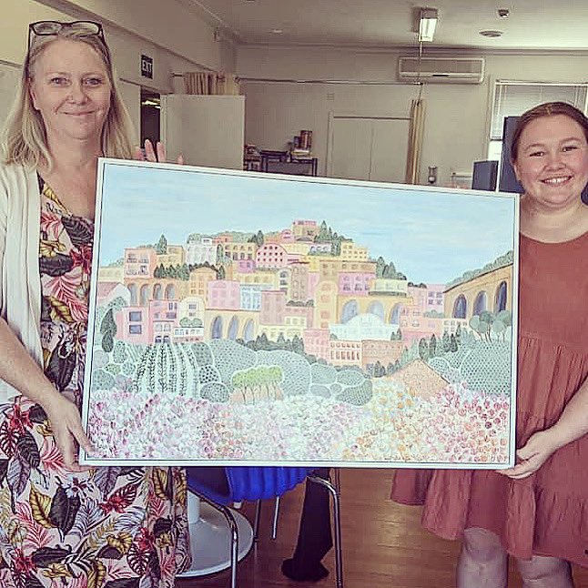 GavinLatz's tweet photo. Super proud of my wifeβs commissioned painting she did for a work colleague who was moving on to another role (Marnie even wore a dress to match π) #Watercolour #UnityStudios #WhereCreativityAndEducationUnite #Painting https://t.co/FdfeHJ1WLS