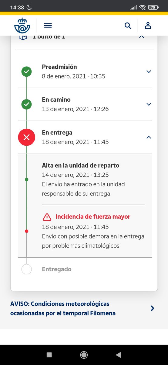 maeae's tweet photo. @CorreosAtiende espero 2 paquetes y hoy aparece esto. ¿Se intentará entregar hoy?
También espero otro desde el 28 de Diciembre... https://t.co/d9DwrKofuh