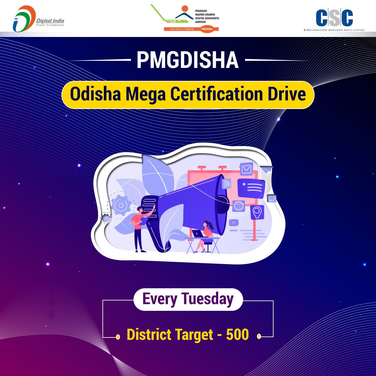 CSC SPV Odisha is going to Organise PMGDISHA Ceritifcation Mega Drive on Tuesday (Tomorrow), So Every VLEs must Participate in this Mega Drive.

#PMGDISHA
<a href="/dintya15/">dinesh tyagi Retd IAS</a> 
<a href="/SwornaprabhaSi1/">Swornaprabha Singh</a>
@AMARESHKUMARN10
<a href="/OdishaSpv/">CSC SPV Odisha</a>
<a href="/CSCegov_/">CSCeGov</a>