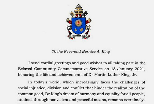 Cindy_Wooden's tweet photo. #PopeFrancis on #MLKDay : With ongoing injustice, division &amp; conflict, which "hinder the realization of the common good, Dr. King's vision of harmony &amp; equality for all people, attained through nonviolent &amp; peaceful means, remains ever timely." https://t.co/falDr8fGYq