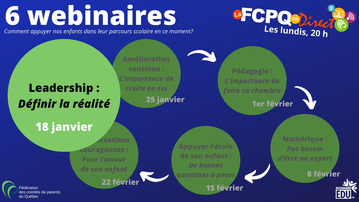 escouadeEDU's tweet photo. C'est aujourd'hui que débute la série de 6 webinaires pour les parents.
Nous abordons ce soir le thĂšme du leadership!
Voici le lien : https://t.co/v123T8knFa
Vous pouvez vous brancher Ă compter de 20 h.
#eduqc #parentsquebec #escouadeedu #leadped @FCPQ https://t.co/K5qMeYgDcC