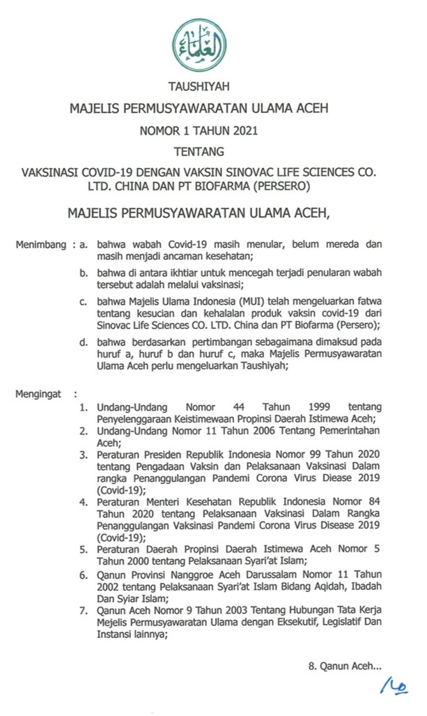 sekretmpuaceh's tweet photo. Taushiyah MPU Aceh Nomor 1 Tahun 2021 Tentang Vaksinasi Covid-19 Dengan Vaksin Sinovac Life Sciences Co. Ltd. China dan PT Biofarma (Persero)

#taushiyahmpuaceh
#VaksinasiNasional 
#vaksincovid19 
#VaksinSinovac https://t.co/xP9yD0jG72
