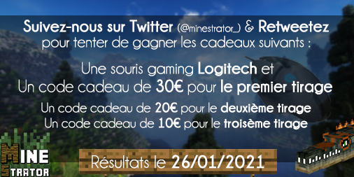minestrator_'s tweet photo. 🔥Nouveau #concours #serveur #minecraft🥳

🎁Tentez de remporter🙃
> 30€ MineStrator + Souris gaming Logitech G402
> 20€ MineStrator
> 10€ MineStrator

Pour participer #RT + #Follow💪

3 gagnants, tirage le 26/01/2021
Testez gratuitement :https://t.co/wcw00DpGsB https://t.co/jSPpZ65zYS