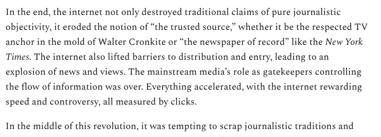 In it,  @lionelbarber laments the loss of trust in Walter Cronkite; "newspaper of record." That was trust imagined by the institution & limited to white privilege & power. Now, on the net, we hear people never included in the institution, who never trusted it. See:  #BLM,  #metoo  