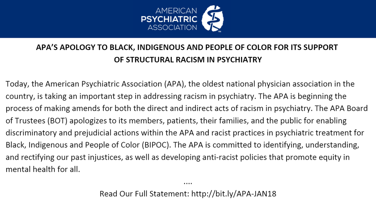 American Psychiatric Association on Twitter: "Today, APA is taking an important step in addressing racism in psychiatry. We are beginning the process of making amends for both direct and indirect acts of