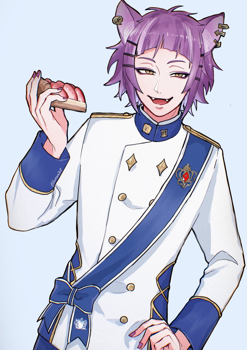 animal ears 1boy male focus purple hair yellow eyes food solo  illustration images