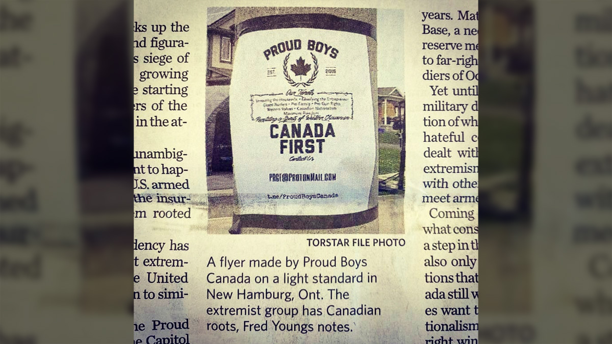 During the summer of 2020, posters promoting the Proud Boys - a far-right, anti-immigrant, all-male group - were put up in New Hamburg and Baden. The posters were promptly removed. 8/