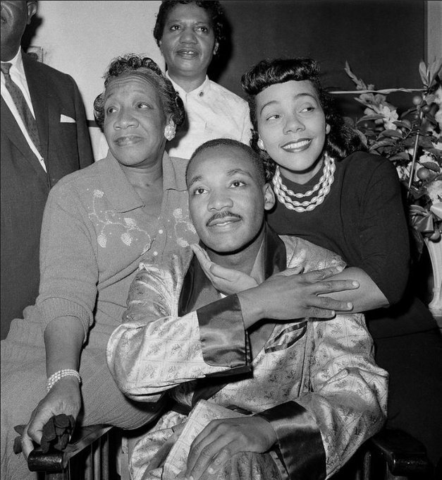 On September 30, 1958:  #MLK  , his mother Alberta Williams King (left), and his wife Coretta Scott King (right) during a news conference at Harlem Hospital where he was recovering from a stab wound following an attack by a woman. Photo by Tony Camerano.  #OTD  #MLKDay    #MLKDay2021  