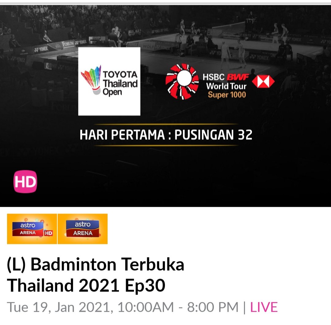 sportsmalaysia в Twitter „Atlit #badminton Malaysia 🇲🇾 yang beraksi dikejohanan #BWF #ToyotaThailandOpen 2021 yang berlangsung di Bangkok mulai esok hingga Ahad, 24 Januari #KitaJuara #MalaysiaBoleh Live di Astro Arena 801/802HD #BWFWorldTour #Super1000